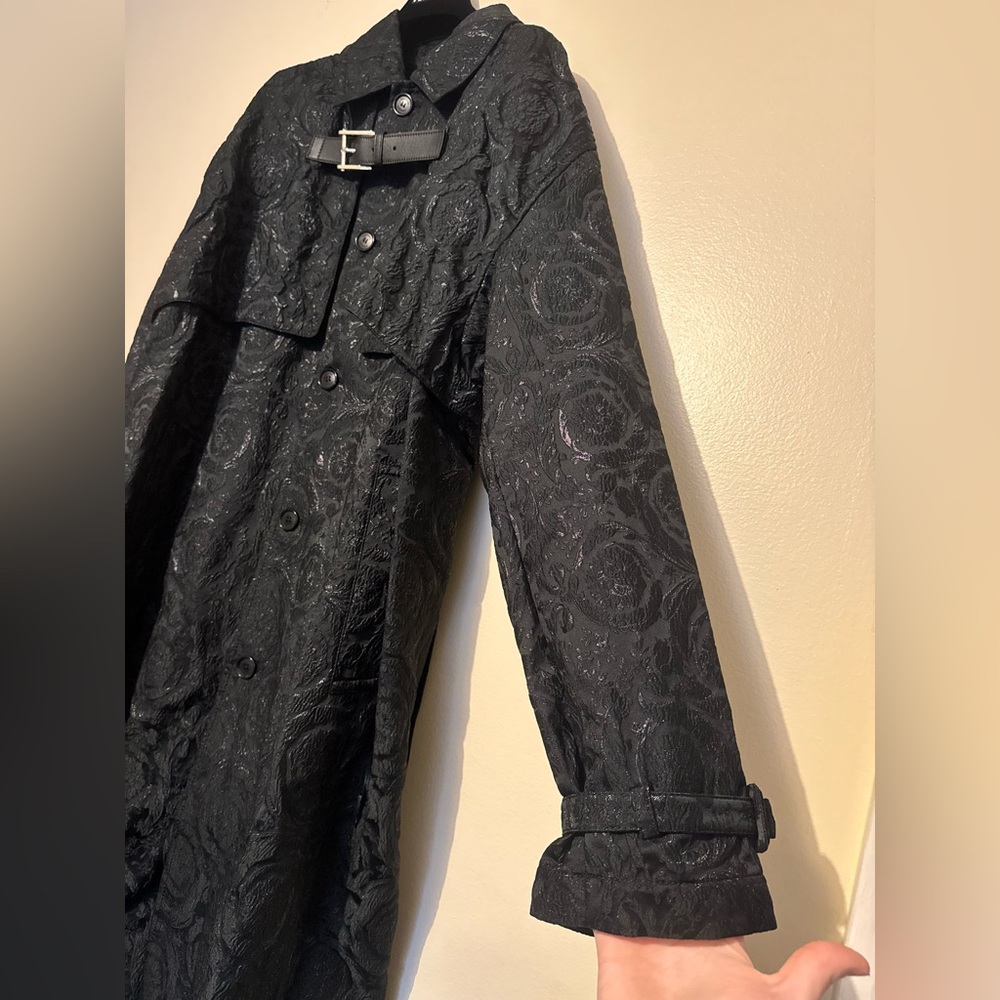Runway Versace Black Barocco Trench Coat with leather buckle strap $5500